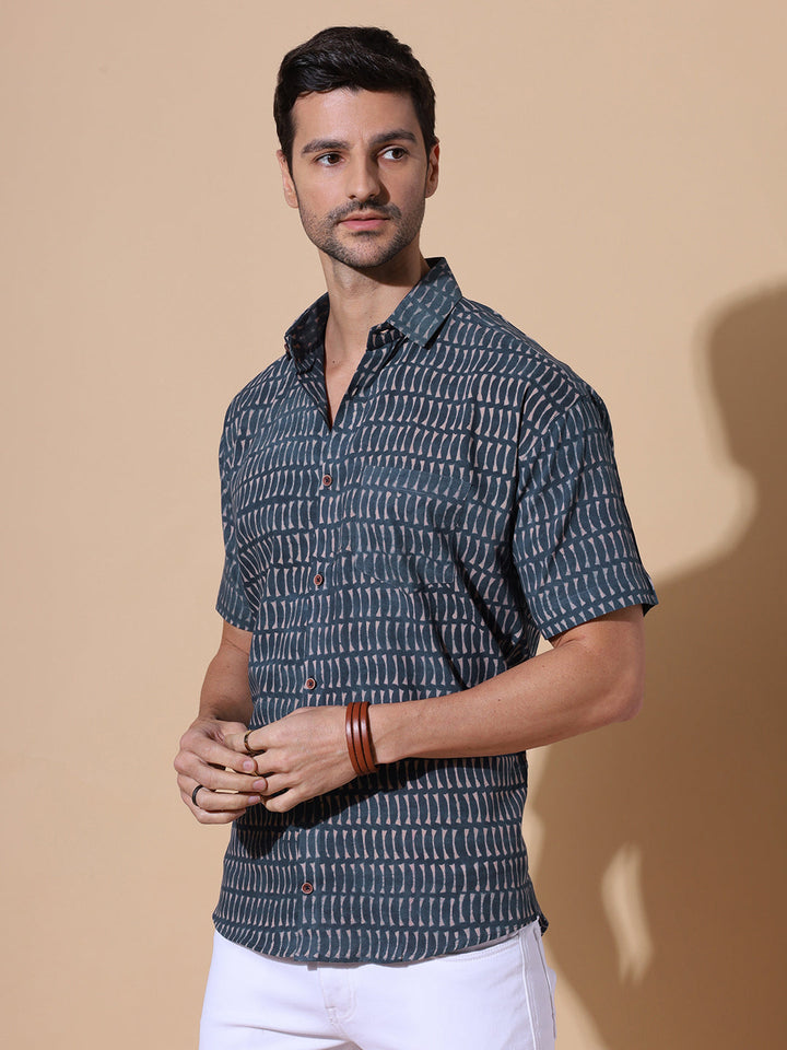 Regal Indigo Ajrakh Half Sleeve Artisan Print Shirt in Indigo for Men