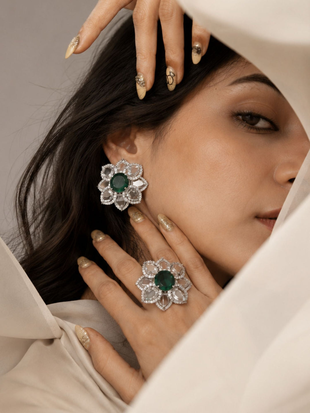 Emerald Green Floral Ring & Earrings Set | SHOBITAM