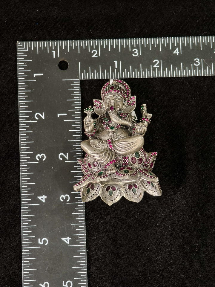 Pure 92.5 Silver Lord Ganesha  Idol with Pink and Green Kemp stones
