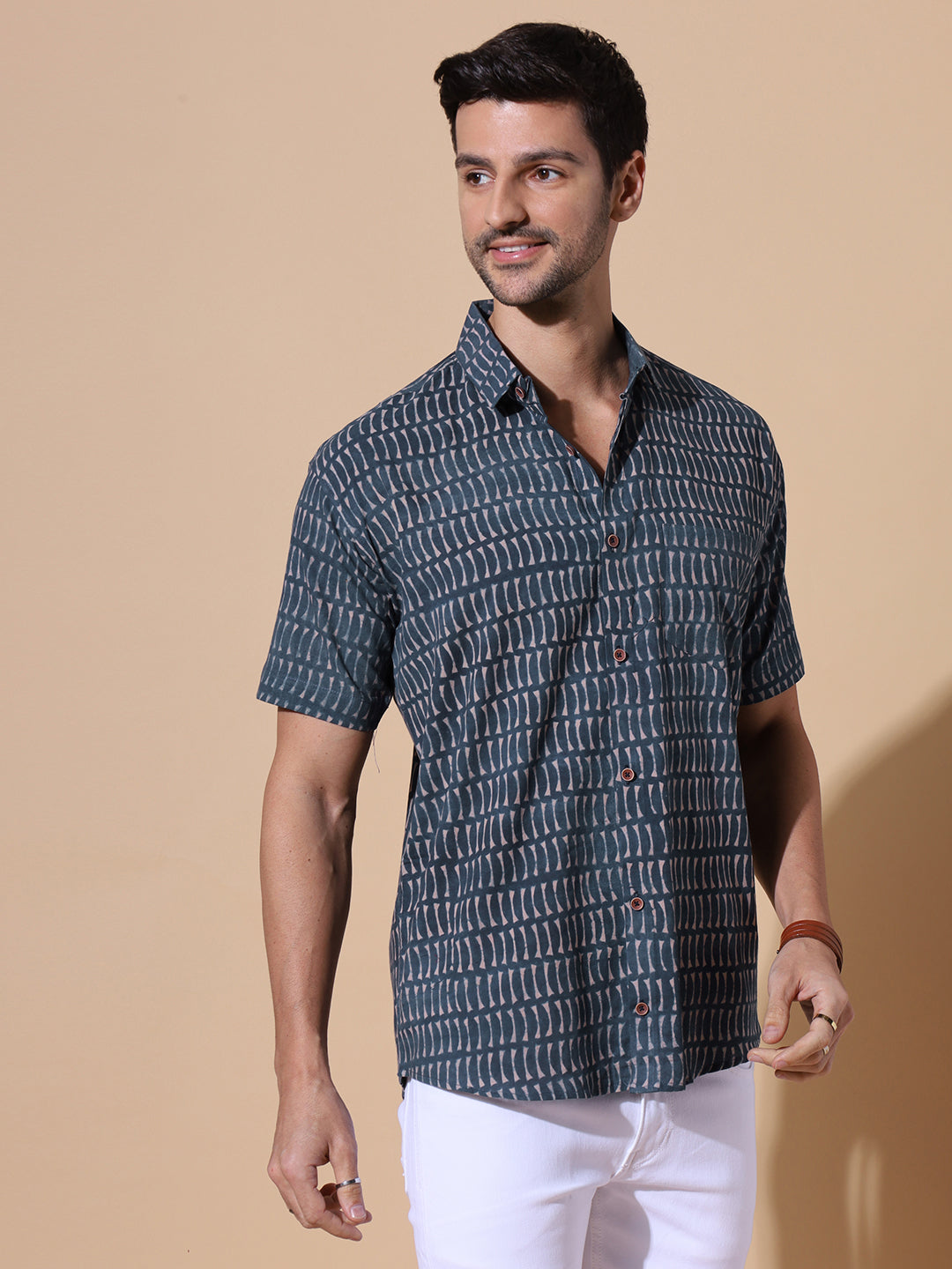 Regal Indigo Ajrakh Half Sleeve Artisan Print Shirt in Indigo for Men