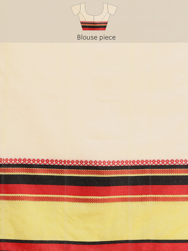 White Green Red Cotton Saree with Blouse piece | SHOBITAM