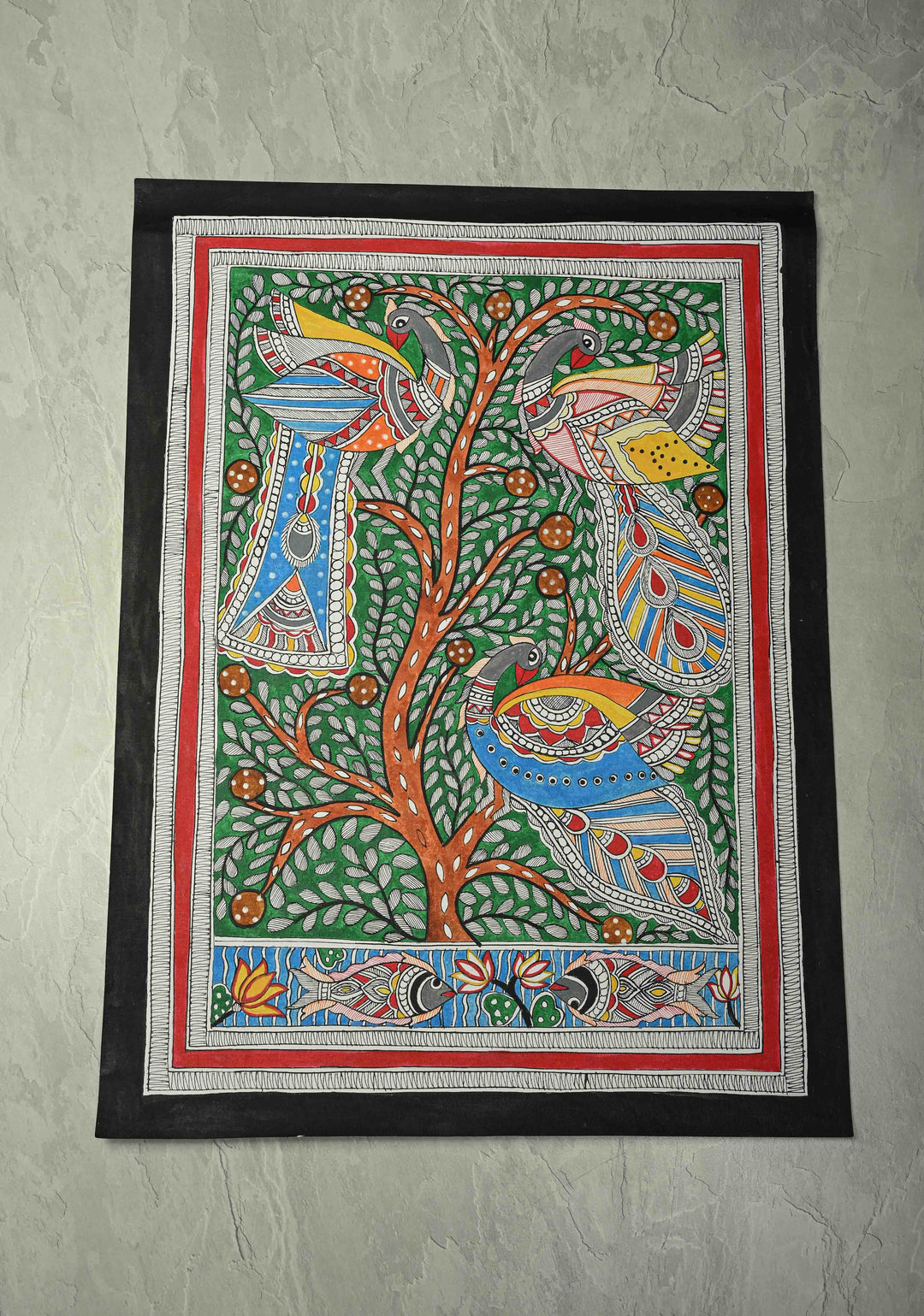Tree of Life with Peacock Madhubani Hand Painting Wall Art, unframed, 30 x 22 inch | SHOBITAM