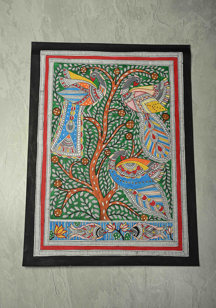 Tree of Life with Peacock Madhubani Hand Painting Wall Art, unframed, 30 x 22 inch | SHOBITAM