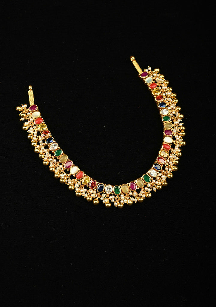 92.5 Silver, 24 kt Gold-Plated Beautiful Navaratna Short Necklace