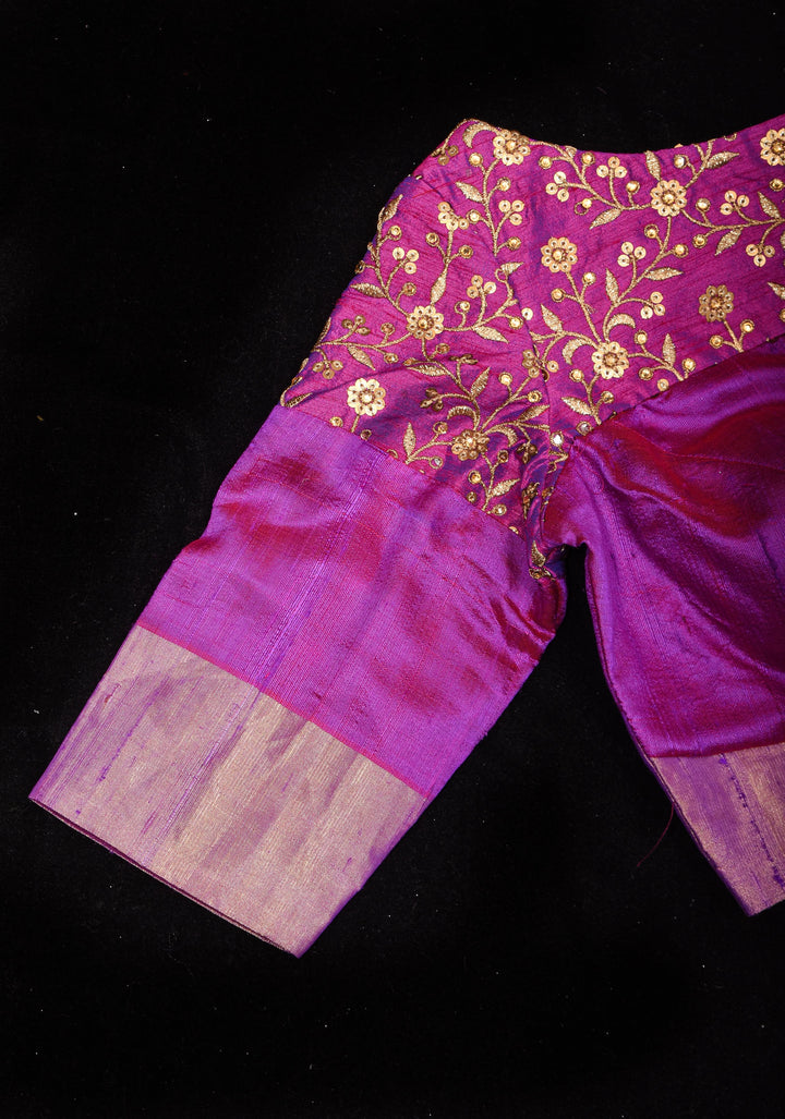 Pure Raw Silk Blouse in Purple with golden Jaal embroidered Yoke,Made to Order