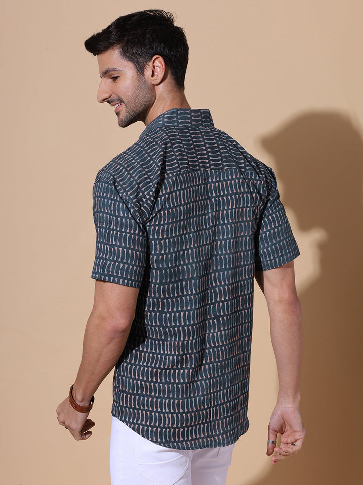 Regal Indigo Ajrakh Half Sleeve Artisan Print Shirt in Indigo for Men