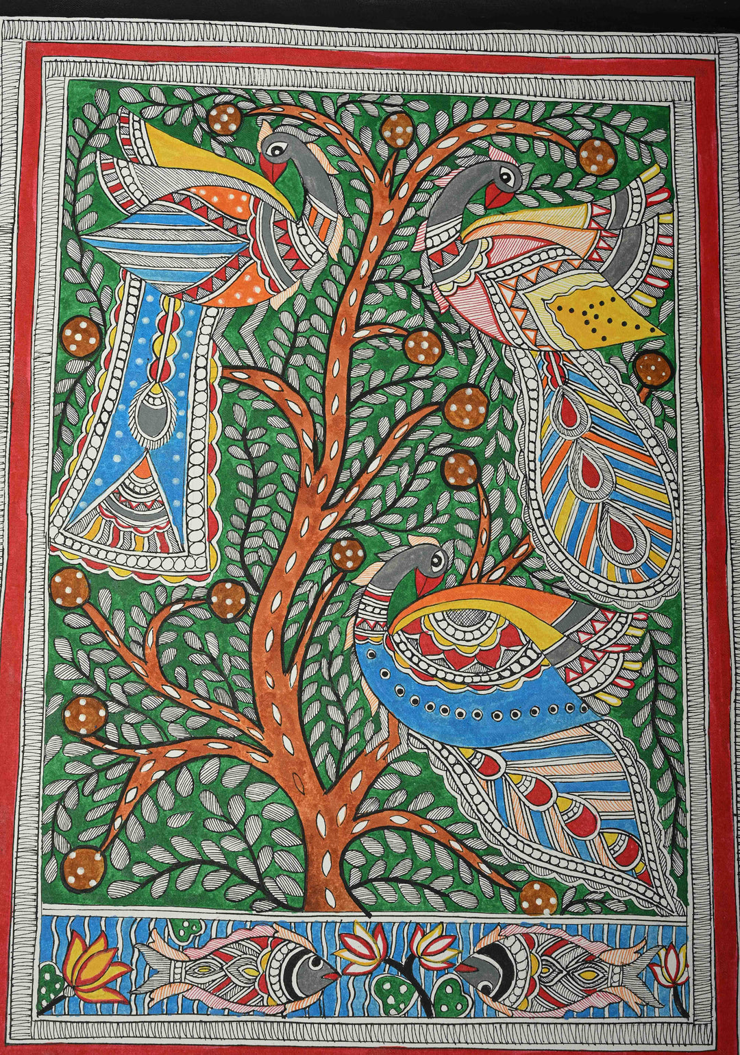 Tree of Life with Peacock Madhubani Hand Painting Wall Art, unframed, 30 x 22 inch | SHOBITAM