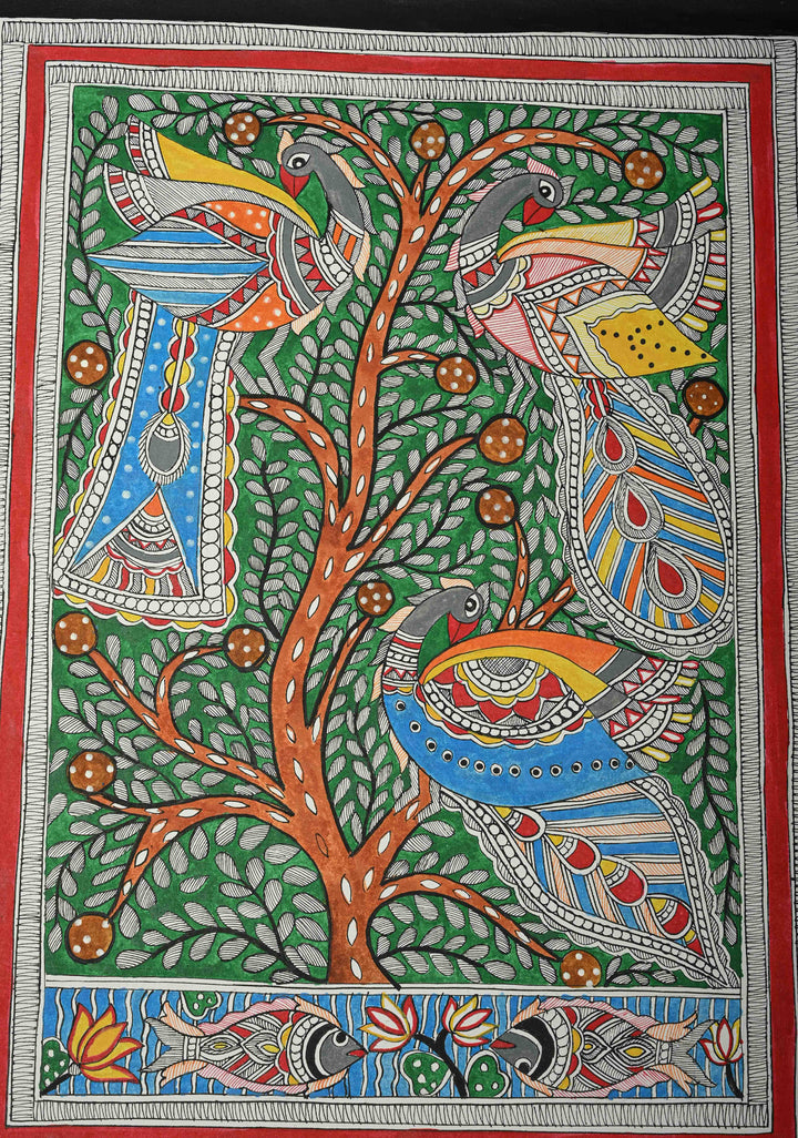 Tree of Life with Peacock Madhubani Hand Painting Wall Art, unframed, 30 x 22 inch | SHOBITAM