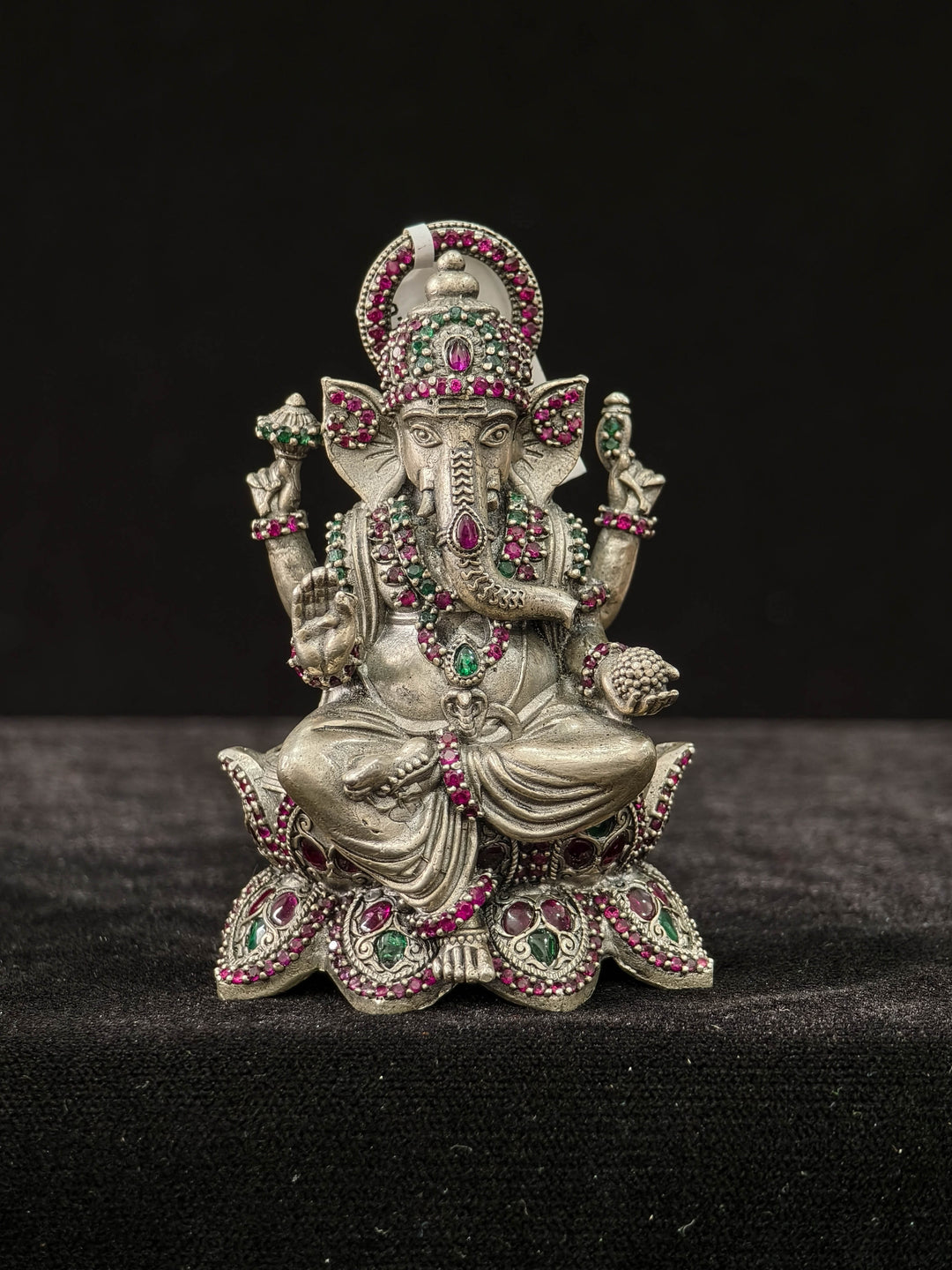 Pure 92.5 Silver Lord Ganesha  Idol with Pink and Green Kemp stones