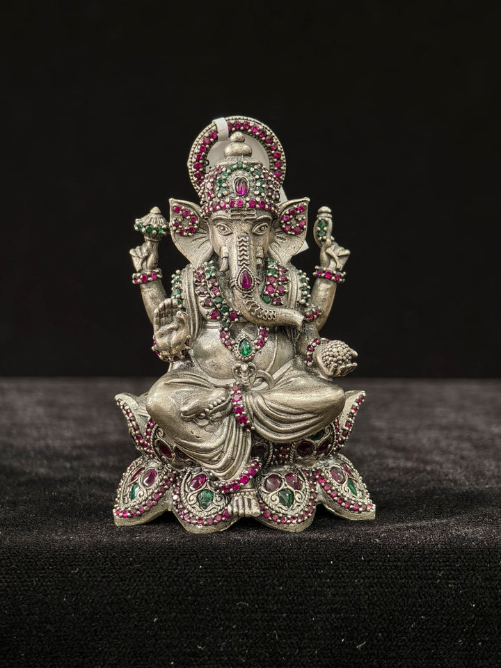 Pure 92.5 Silver Lord Ganesha  Idol with Pink and Green Kemp stones