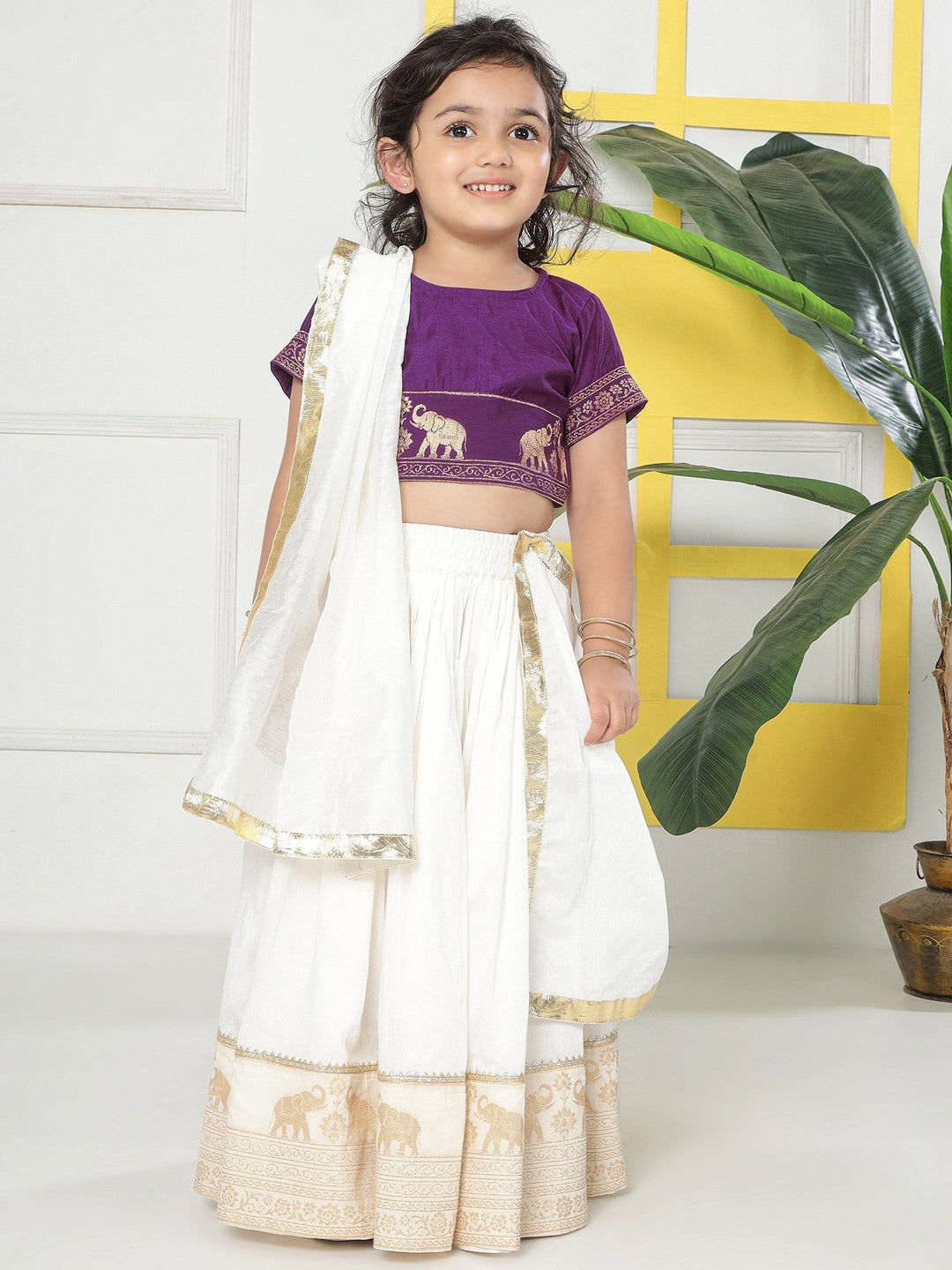 Cream Elephant Zari Embroidery Chanderi Cotton Lehenga with Stitched Purple blouse Set | SHOBITAM