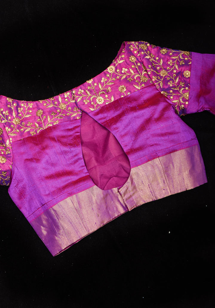 Pure Raw Silk Blouse in Purple with golden Jaal embroidered Yoke,Made to Order