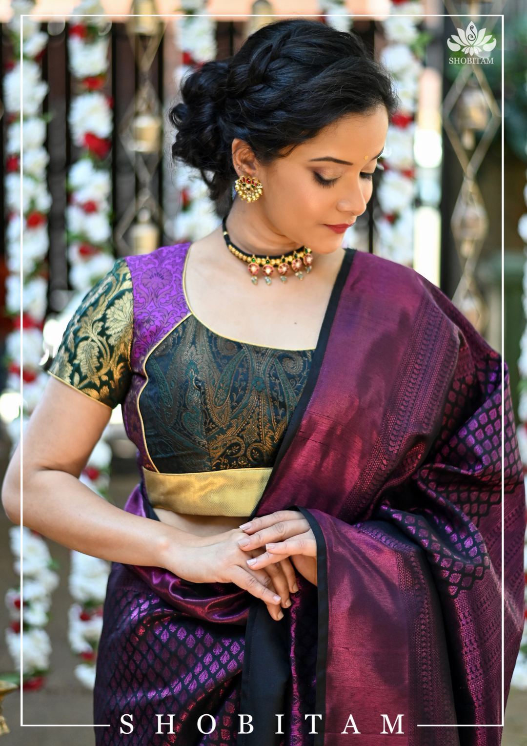 Purple and Black Banarasi Brocade Blouse with Tie back design | SHOBITAM