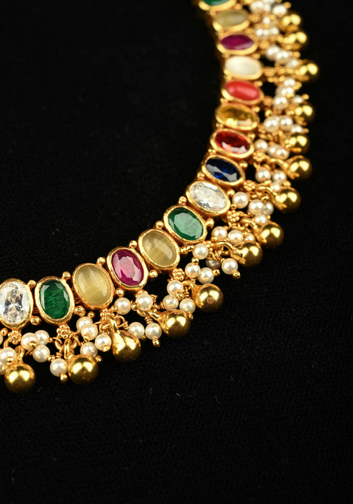 92.5 Silver, 24 kt Gold-Plated Beautiful Navaratna Short Necklace