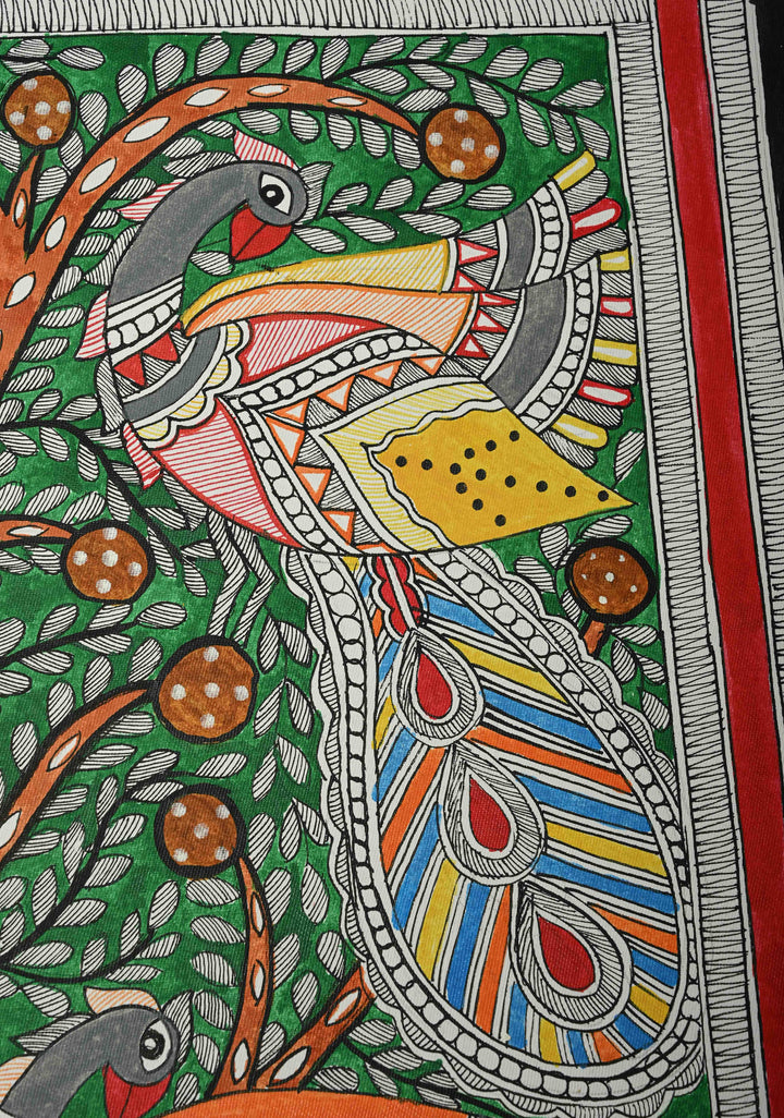 Tree of Life with Peacock Madhubani Hand Painting Wall Art, unframed, 30 x 22 inch | SHOBITAM