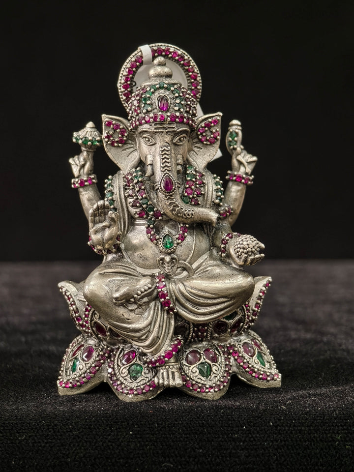 Pure 92.5 Silver Lord Ganesha  Idol with Pink and Green Kemp stones