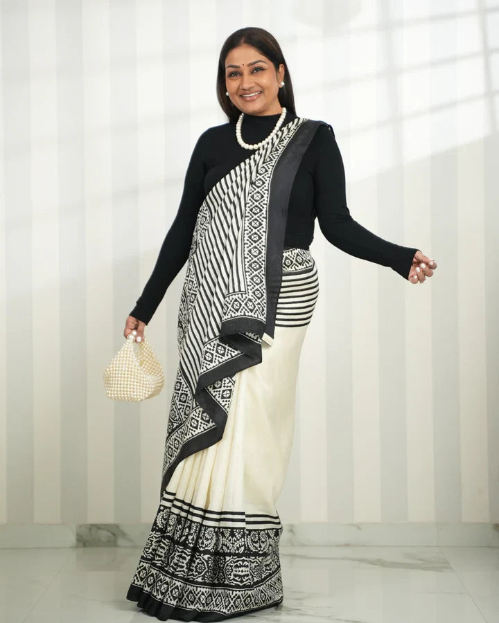 Off White Bishnupuri Handloom Pure Silk Saree with Block Print Geometric Border | SILK MARK CERTIFIED