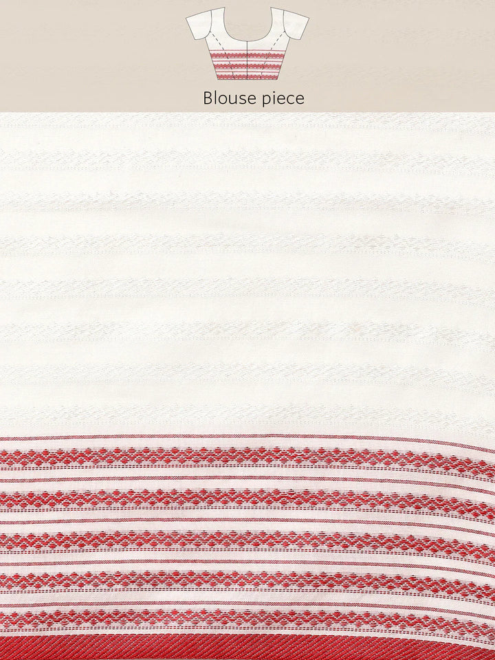 White-Red Cotton Saree with Blouse piece