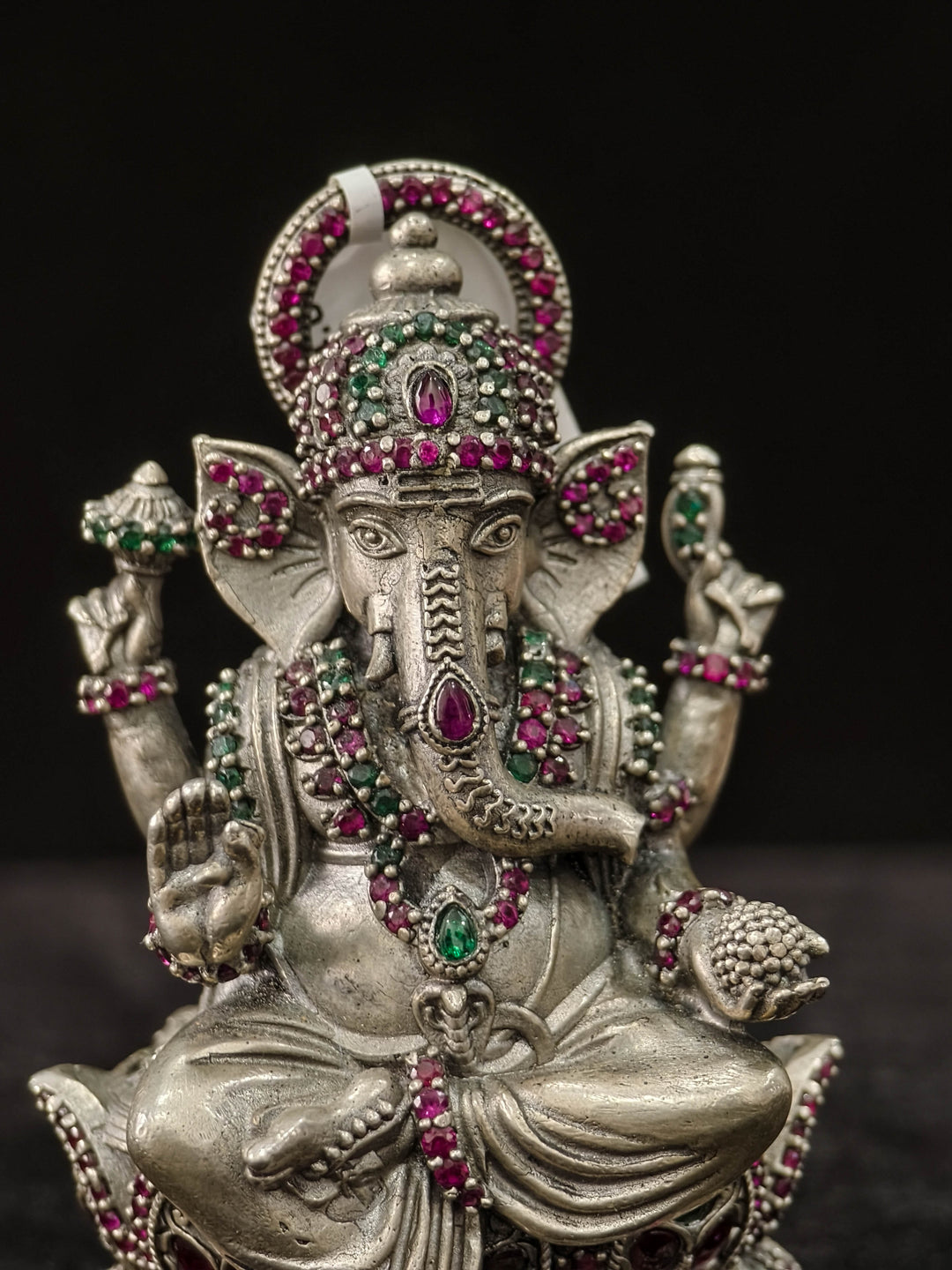 Pure 92.5 Silver Lord Ganesha  Idol with Pink and Green Kemp stones