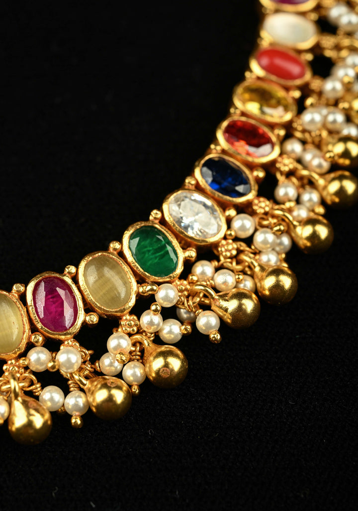 92.5 Silver, 24 kt Gold-Plated Beautiful Navaratna Short Necklace