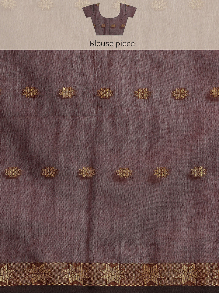 Brown Zari Butti Silk Cotton Saree with Minimal Border and blouse piece