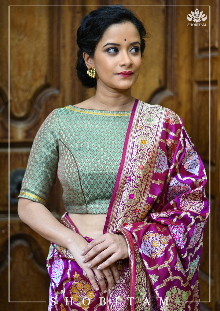 Teal Banarasi Meenakari Buti Brocade Blouse with tie back base