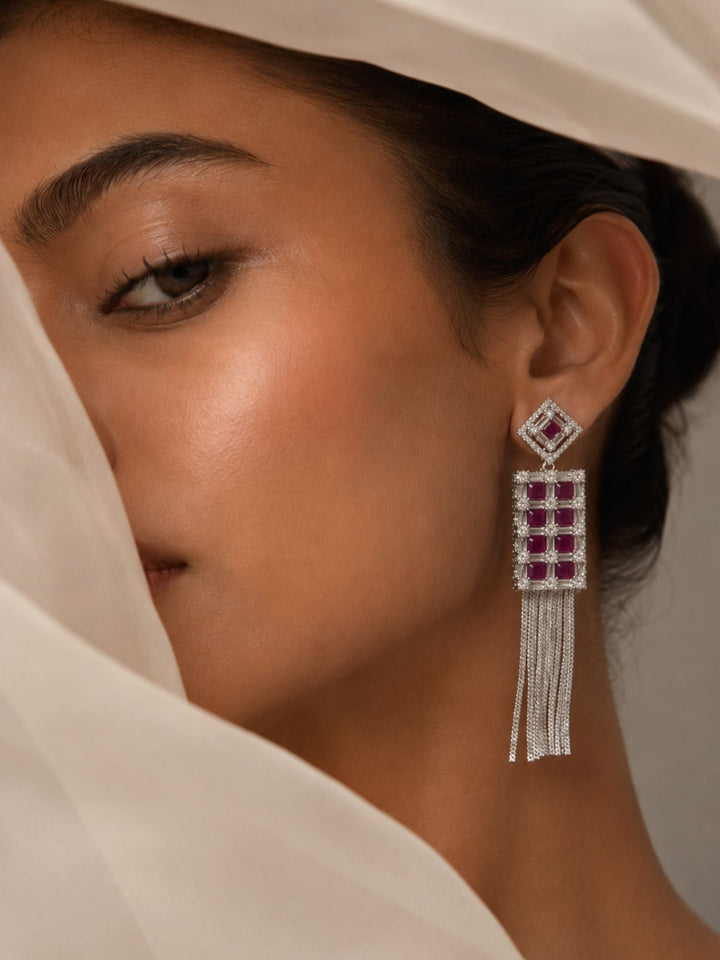 Ruby CZ Tassel Earrings in Silver Finish – Party Wear | SHOBITAM