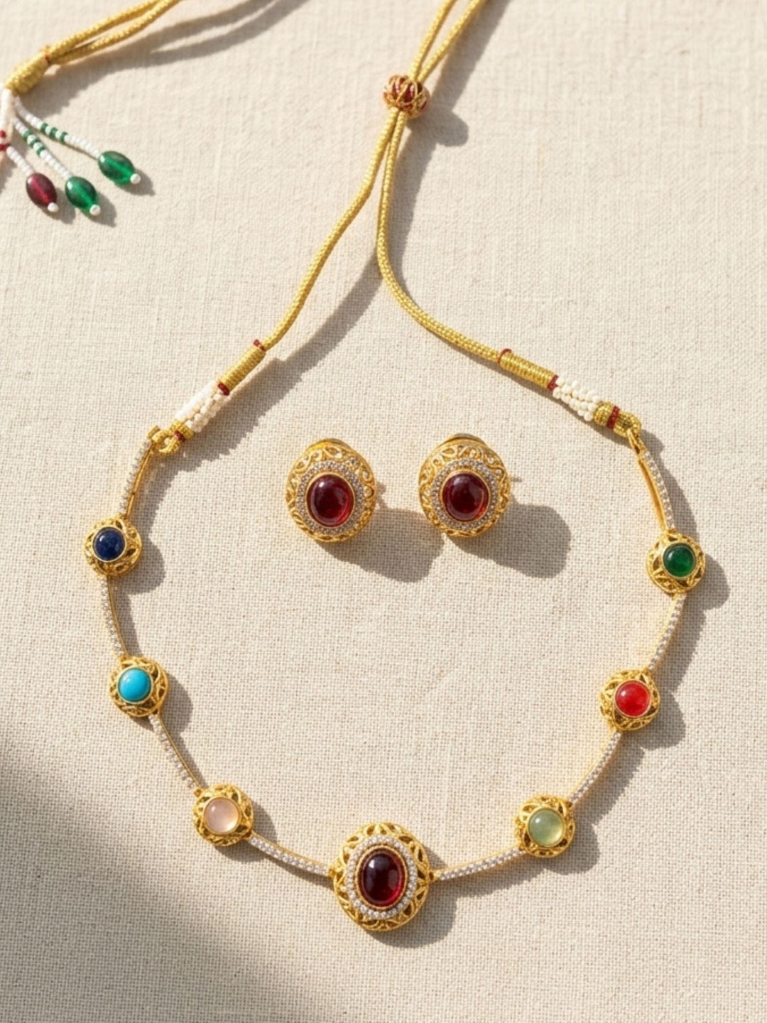 Navratna Stone Necklace Set with Earrings | SHOBITAM