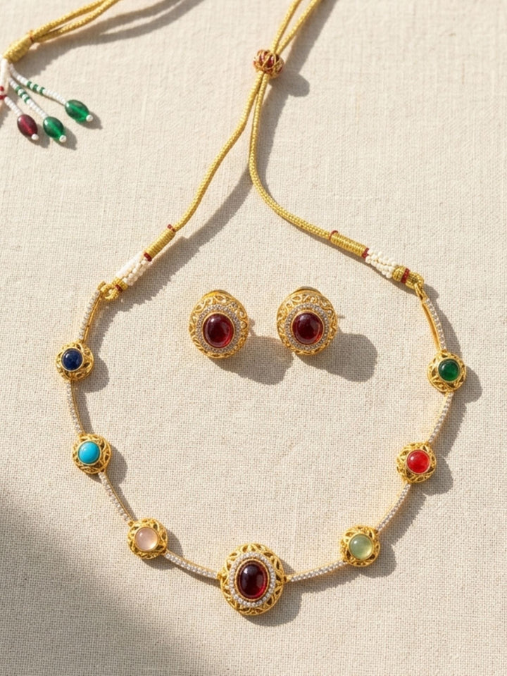Navratna Stone Necklace Set with Earrings | SHOBITAM