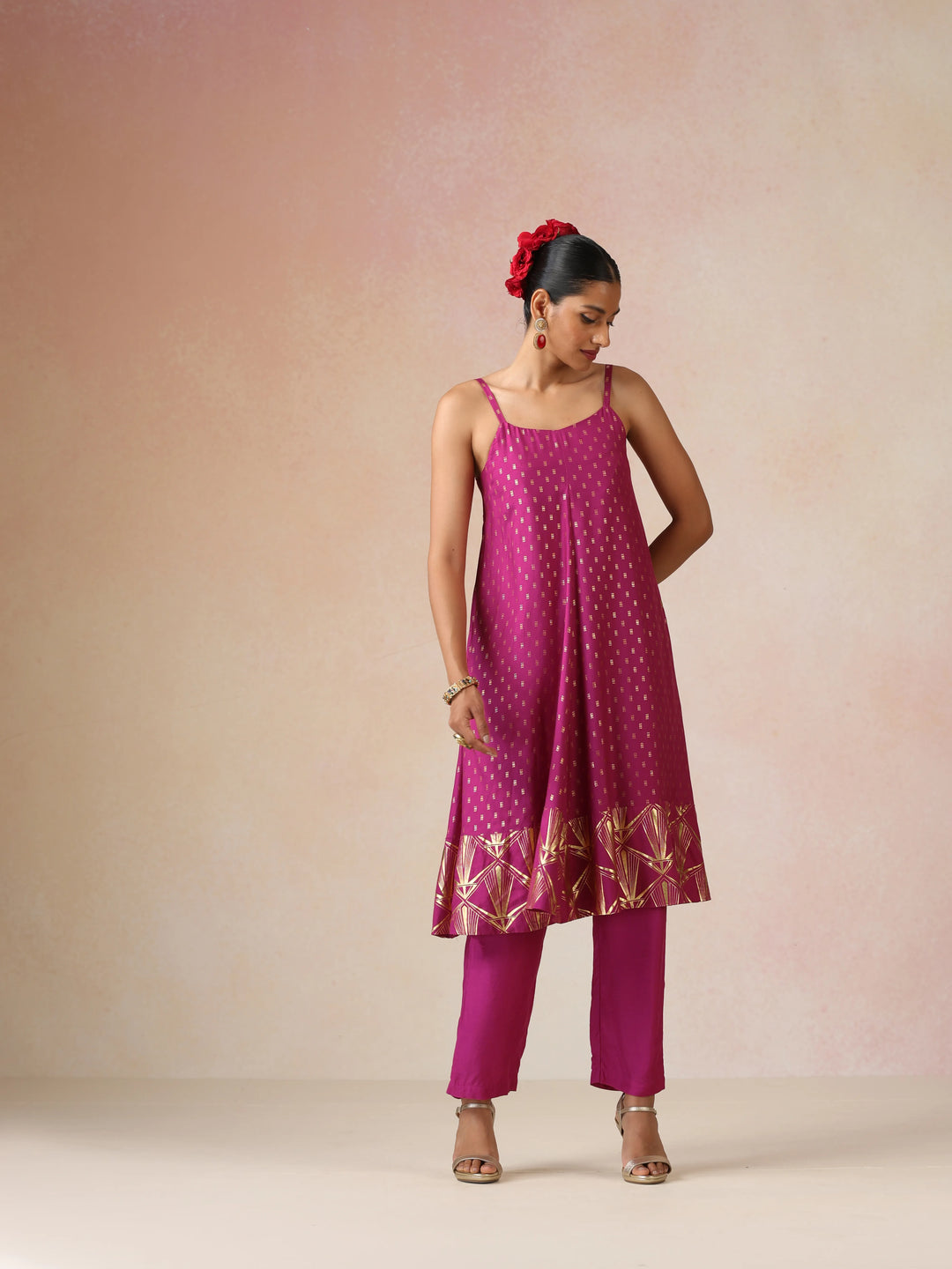 Pink Gold Foil Print Muslin Silk Flared Kurta Set| SHOBITAM