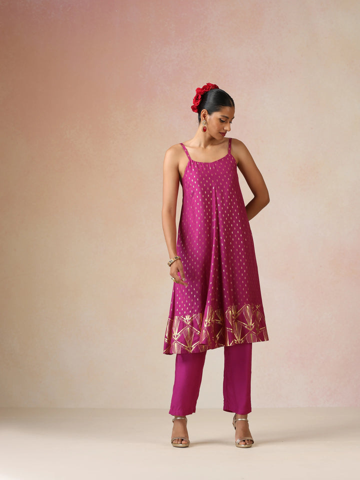 Pink Gold Foil Print Muslin Silk Flared Kurta Set| SHOBITAM