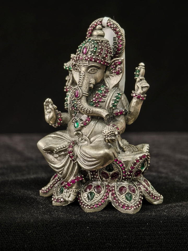 Pure 92.5 Silver Lord Ganesha  Idol with Pink and Green Kemp stones