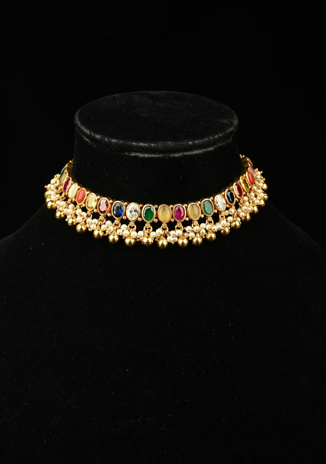 92.5 Silver, 24 kt Gold-Plated Beautiful Navaratna Short Necklace