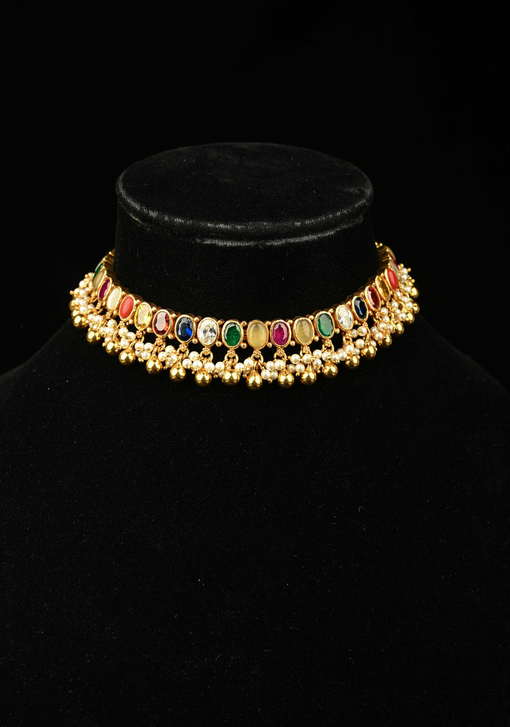 92.5 Silver, 24 kt Gold-Plated Beautiful Navaratna Short Necklace