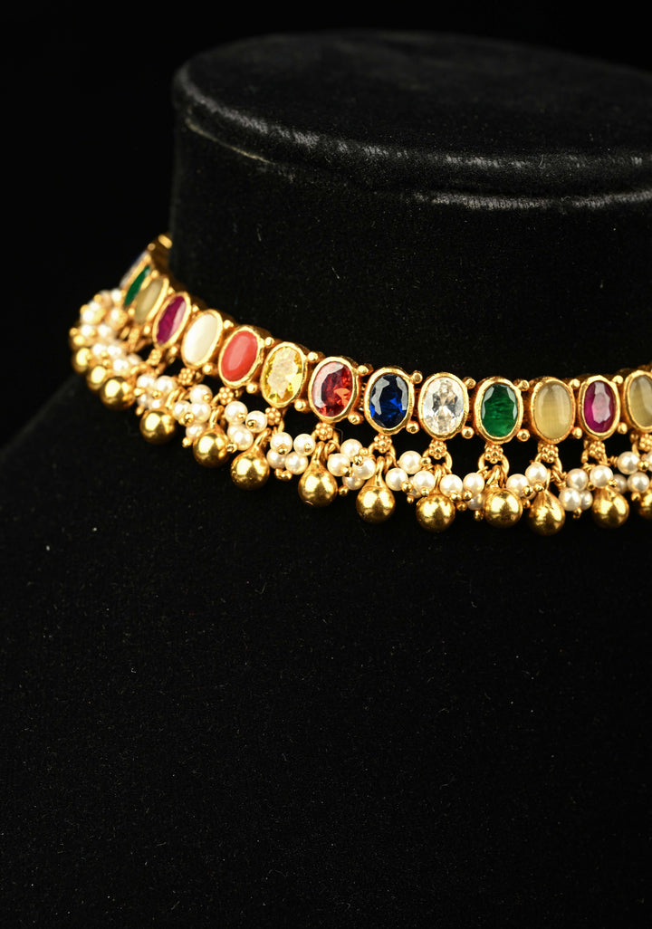 92.5 Silver, 24 kt Gold-Plated Beautiful Navaratna Short Necklace