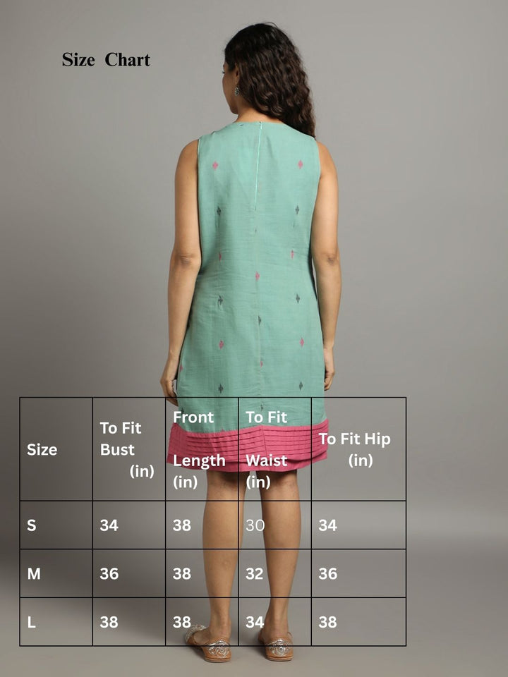 Sea Green Pink Cotton Handloom Dress | SHOBITAM