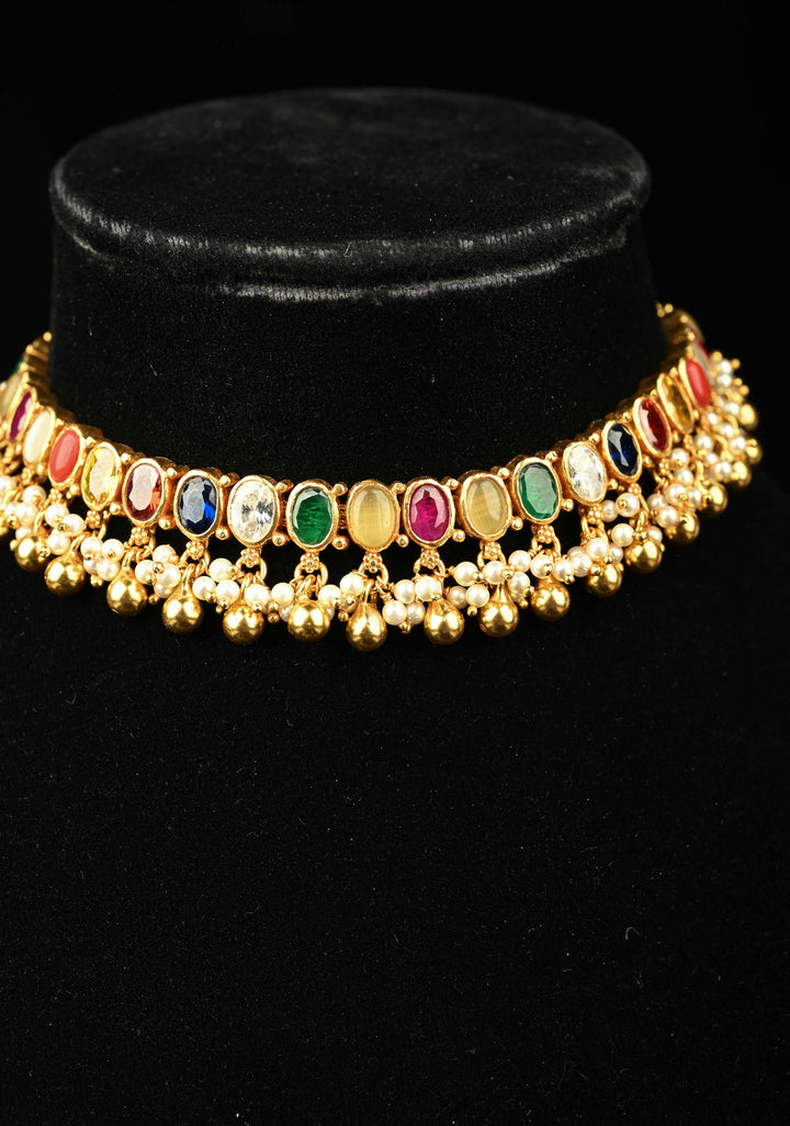 92.5 Silver, 24 kt Gold-Plated Beautiful Navaratna Short Necklace