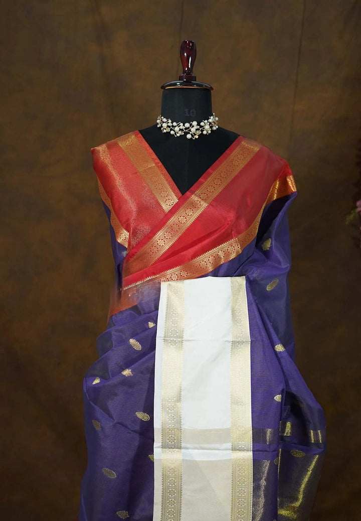 Blue Saree with ganga Jamuna Borders in Semi Silk| SHOBITAM