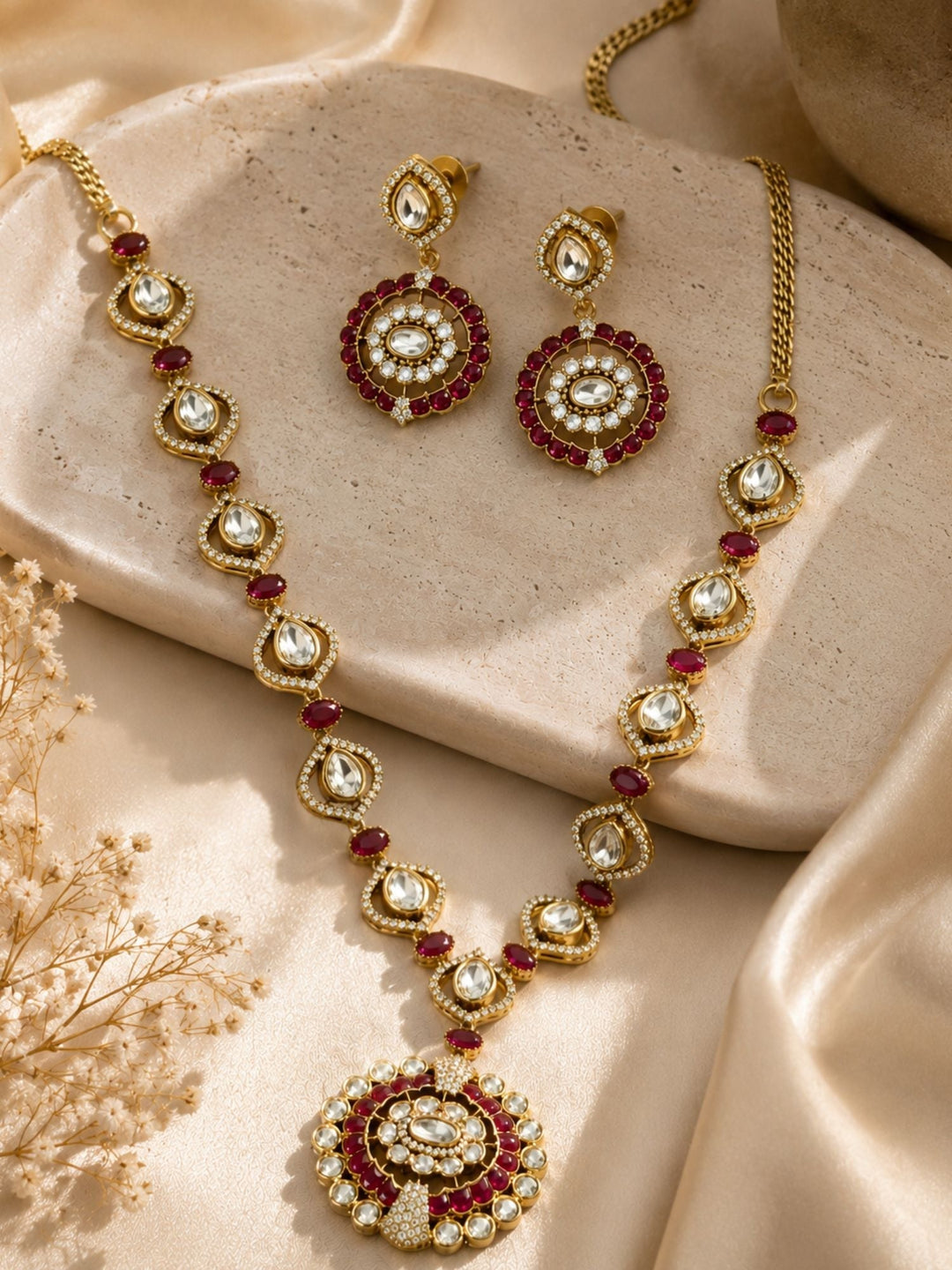 Ruby Kundan Pendant Necklace Set in Gold Plating | SHOBITAM