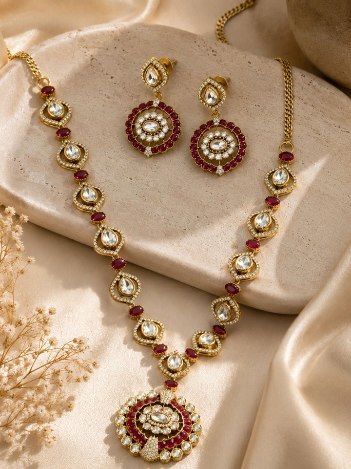 Ruby Kundan Pendant Necklace Set in Gold Plating | SHOBITAM
