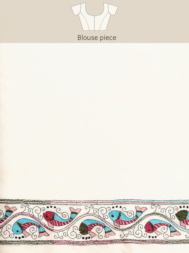 Handloom White Silk Kantha Saree with Blouse piece