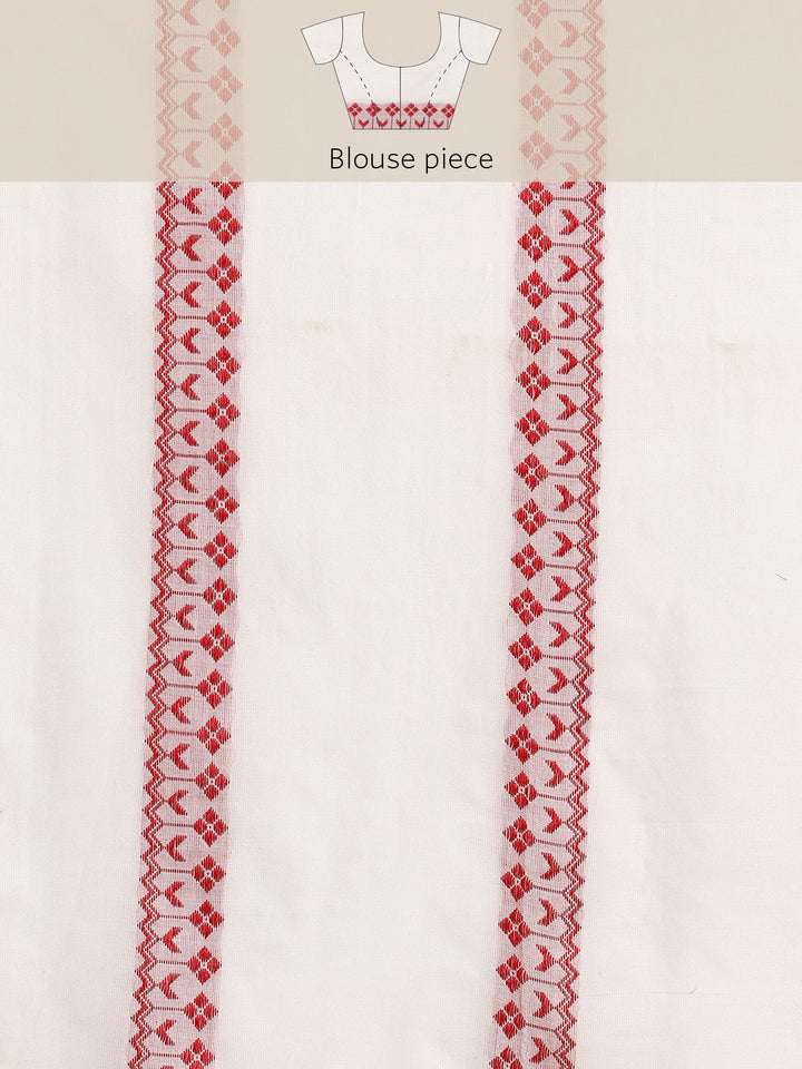 White Red Pure Cotton Saree with Blouse piece | SHOBITAM