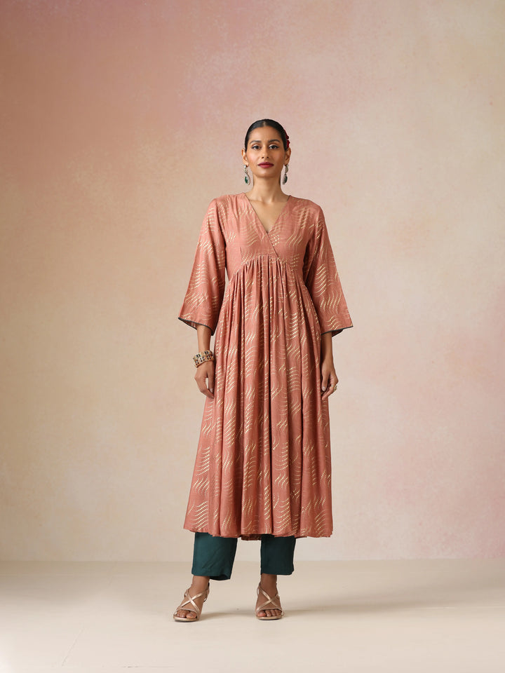 Peach Gold Foil Print Muslin Silk Anarkali High-Slit Kurta Set | SHOBITAM