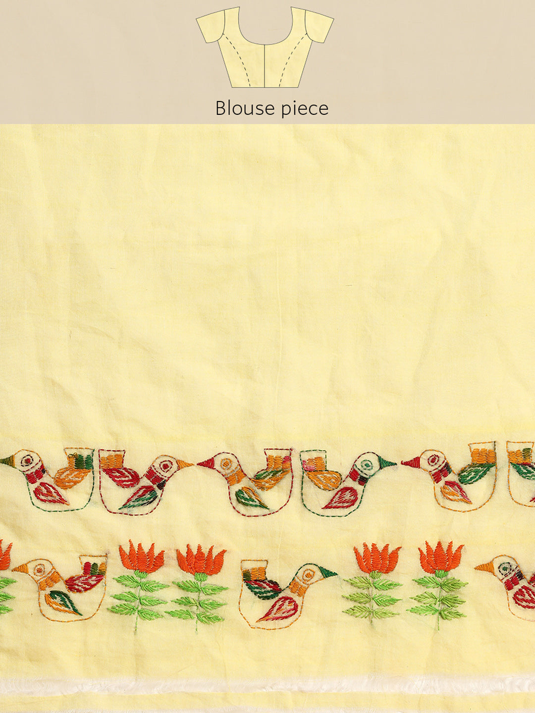 Yellow Red Kantha Stitch Handloom Cotton Saree with Blouse Piece | SHOBITAM