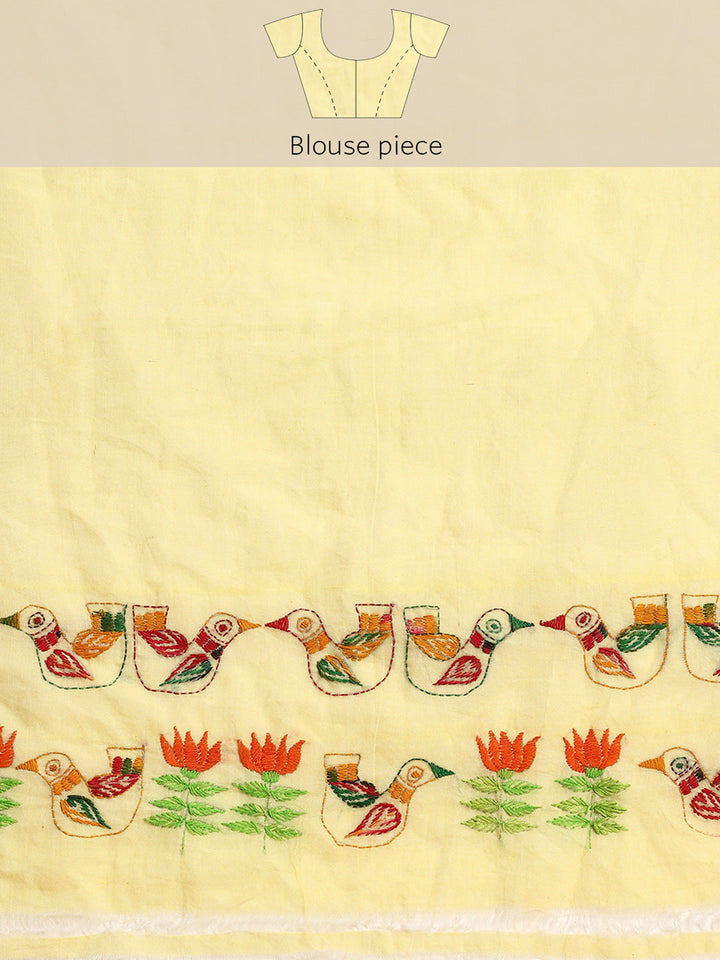 Yellow Red Kantha Stitch Handloom Cotton Saree with Blouse Piece | SHOBITAM