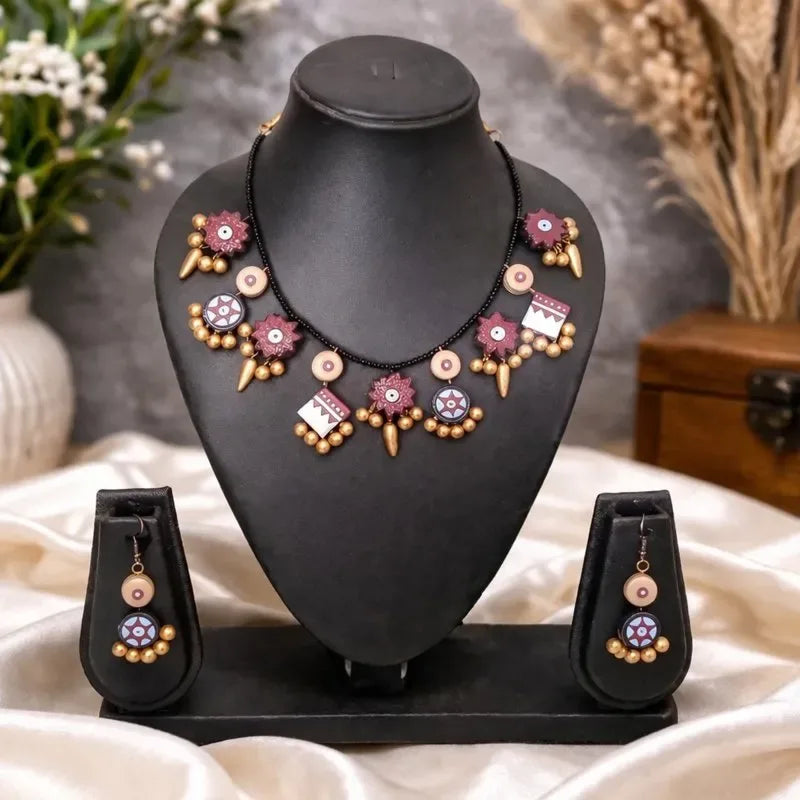 Terracotta Handcrafted Tribal Antique Statement Necklace Set with Ethnic Charms| SHOBITAM