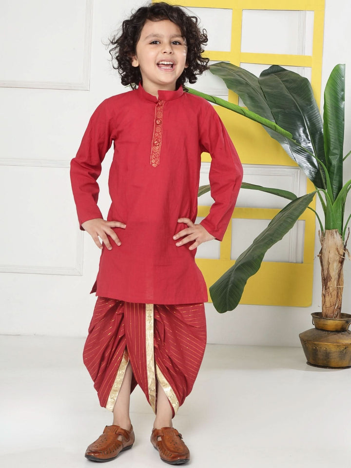 Red Minimal Zari Embroidery Cotton Kurta Dhoti set | SHOBITAM