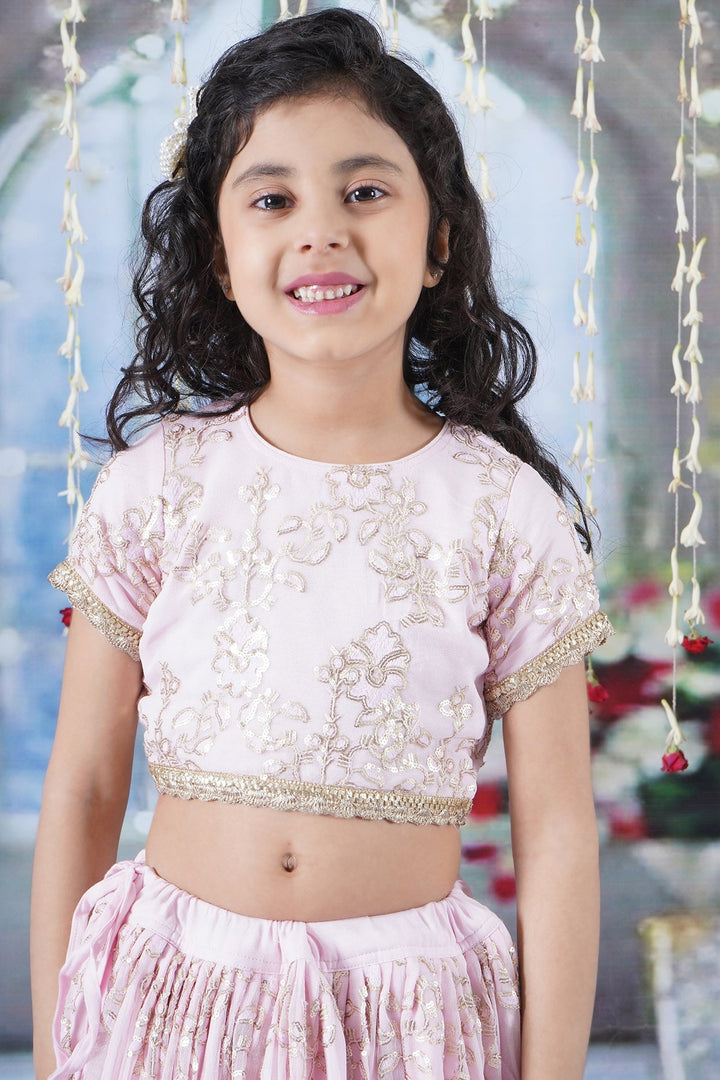 Girls Baby Pink Floral Irish Thread and Sequin work Lehenga with Blouse and Duppata with Matching Potli and Hand made tussel | SHOBITAM