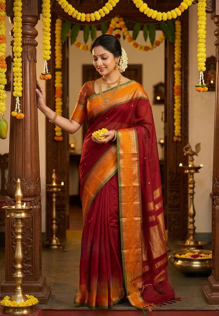 Maroon Pure mercerized silk cotton with buttas and rettapet border | SHOBITAM