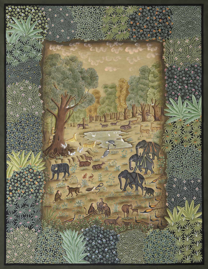 3x4 feet Authentic Jaipur Painting Vaikuntha Forest Scene  | SHOBITAM